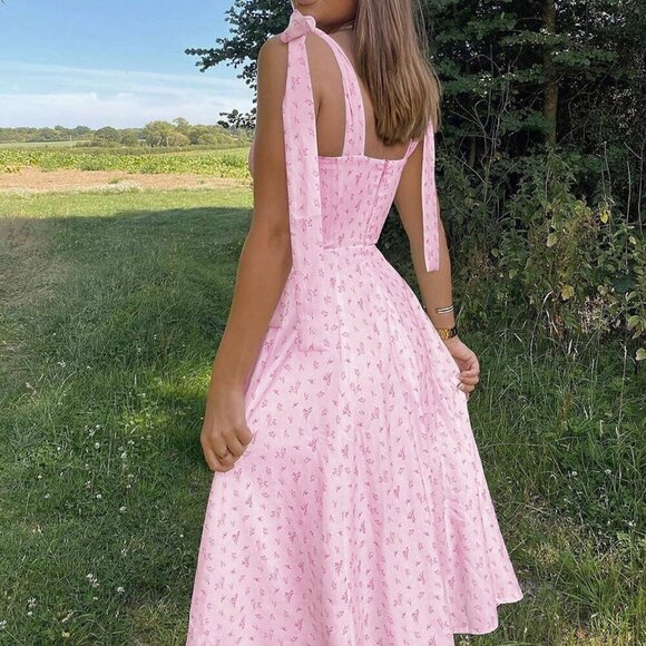 Mauve Purple Casual V-Neck Spaghetti Strap Floral Backless Slit Dress - Picture 6 of 11